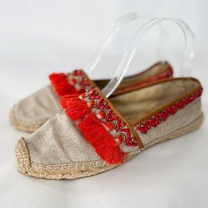 Tory Burch Natural Canvas Espadrilles with Red Fringe Trim